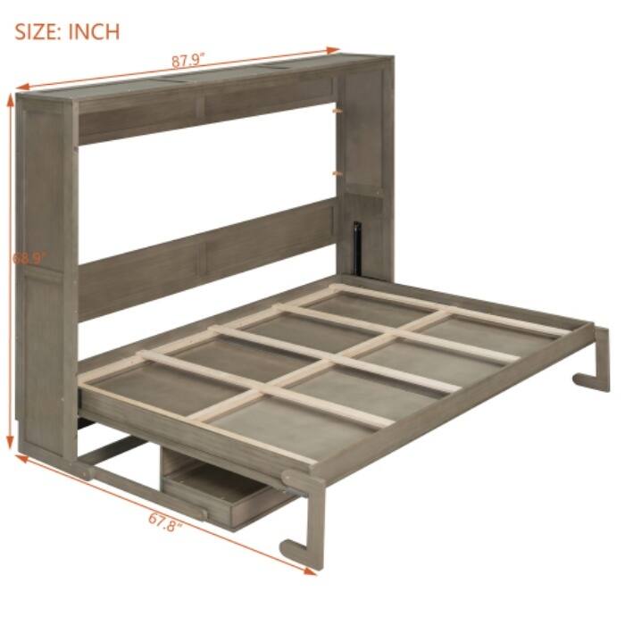 Queen Murphy Bed with Storage & Vanity Desk, Wall Mounted Folding Cabinet Bed with Mirror and Drawers for Small Space