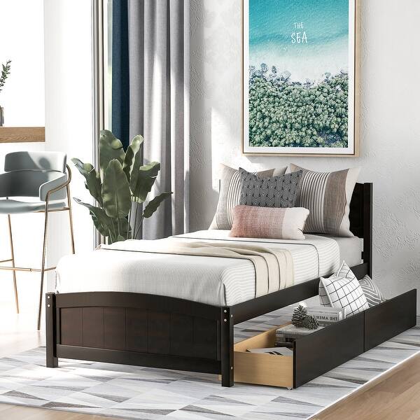 slide 2 of 11, Twin Size Platform Bed with Two Drawers and Solid Pine Wood Construction