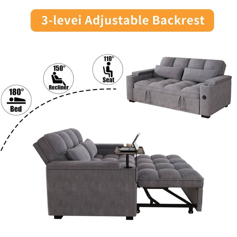 65'' Chenille 3-in-1 Folding Sectional Sofa with 360-Degree Swivel Side Table