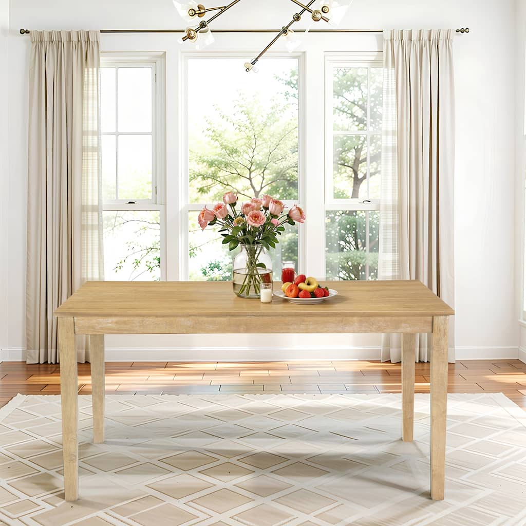 Farmhouse Style Solid Wood Dining Table, Rubberwood Legs With Adjustable Glides, Mdf + Rubberwood Veneer Top
