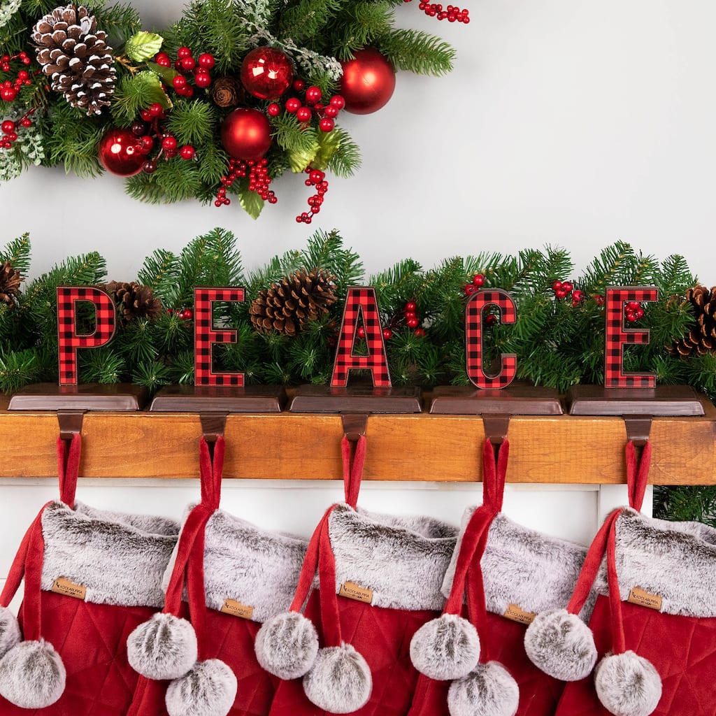 Set of 5 Red Black Buffalo Plaid "PEACE" Christmas Stocking Holder 6"