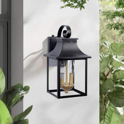 2-Light Matte Black Dusk to Dawn Outdoor Wall Lantern with Clear Glass - W7.4" x D9" x H14.7"