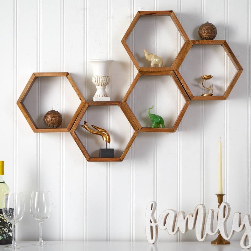 Set of 5 Wooden Hexagon Honeycomb Wall Shelves 12"