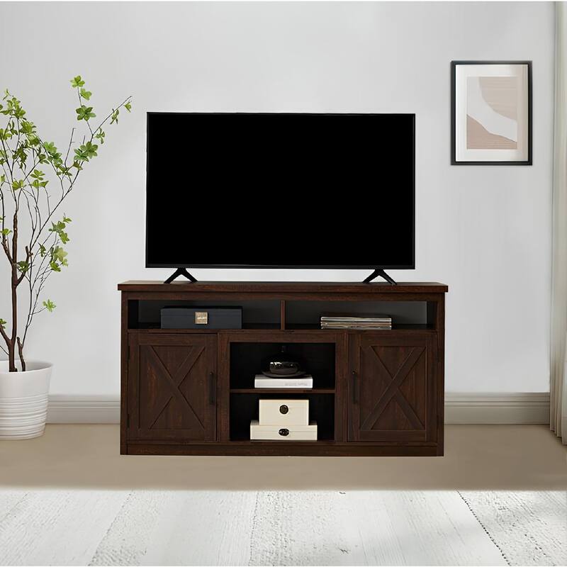 Roomfitters Farmhouse TV Stand for TVs up to 65", Modern Entertainment Center with 4 Open Storage