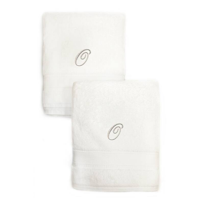 Authentic Hotel and Spa 2-piece White Turkish Cotton Hand Towels with Silver Script Monogrammed Initial - White - O