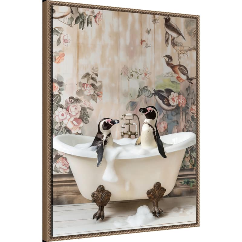Penguin Pals in a Bubble Bath by Niky Rahner Framed Canvas Wall Art