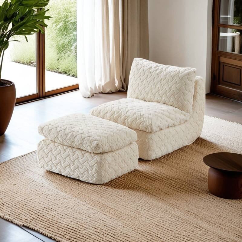 Corduroy Swivel Sofa Chair with Ottoman and 360° Rotation - White
