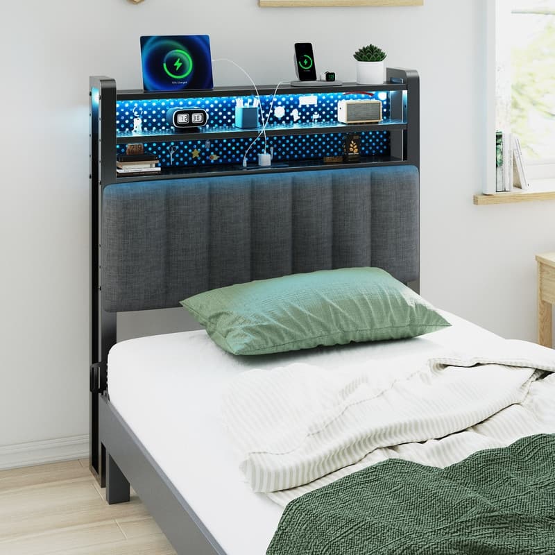 Adjustable Upholstered Headboard with 3 Tier Shelves with Charging Stations and LED Lights, Modern Bed Headboard with Storage