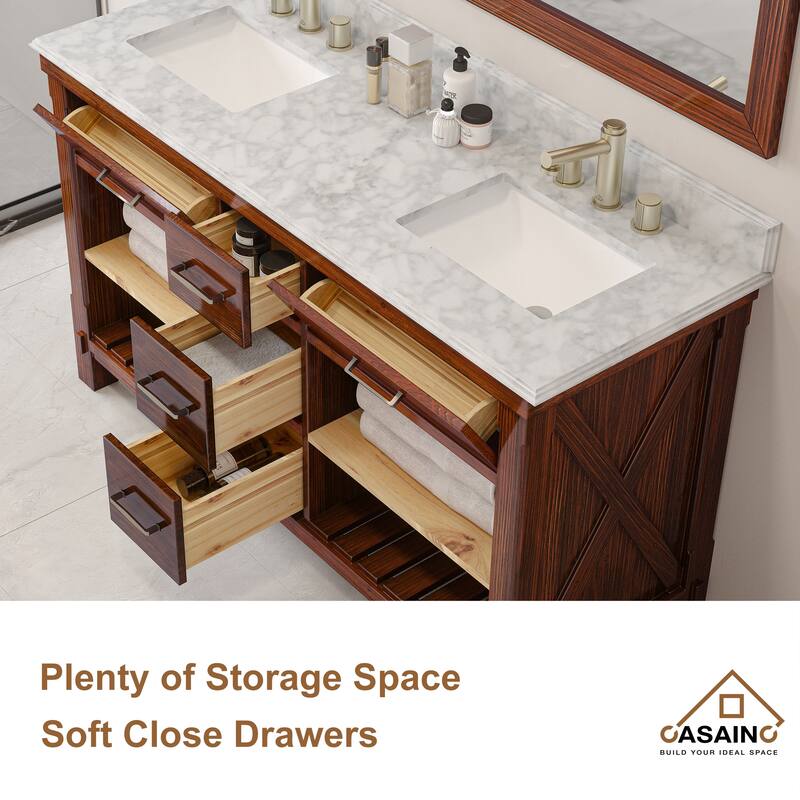 CASAINC 36"48"60" Freestanding Bathroom Vanity in Traditional Brown with Sink and Carrara Marble Top