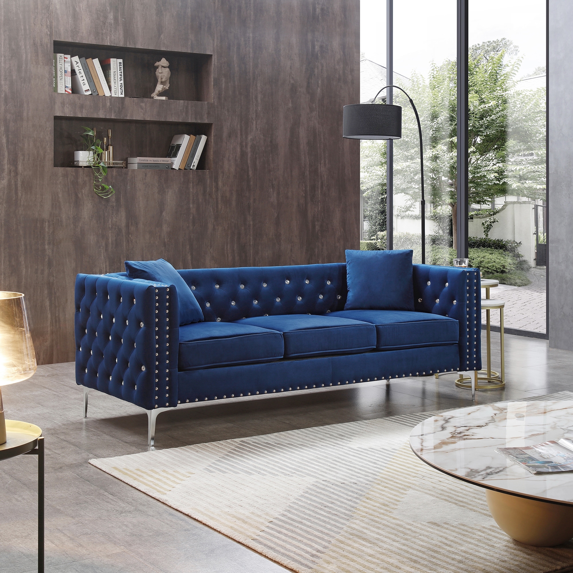 Blue Button Tufted Velvet Sofa with Removable Seat Cushions Pillows