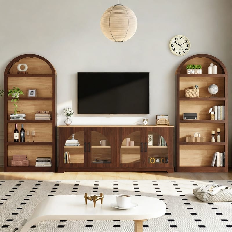 Farmhouse 3-Piece TV Stand Set for TVs Up to 70", Entertainment Center with Arched Sideboard and Glass Doors for Living Room