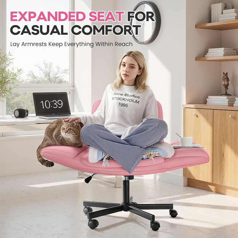 BOSSIN Criss Cross Office Chair with Arms and Wheels - Adjustable Swivel PU Leather Desk Chair for Makeup Vanity, Bedroom