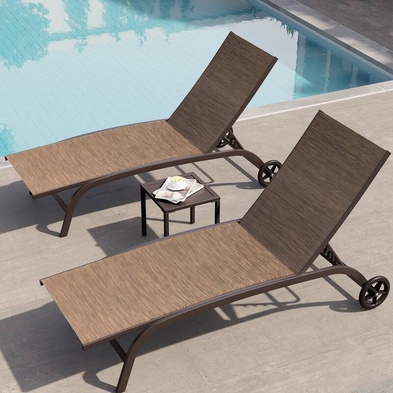 Outdoor Chaise Lounges and Side Table, Patio Lounger with Wheels 3-Piece Set - See Picture - Brown