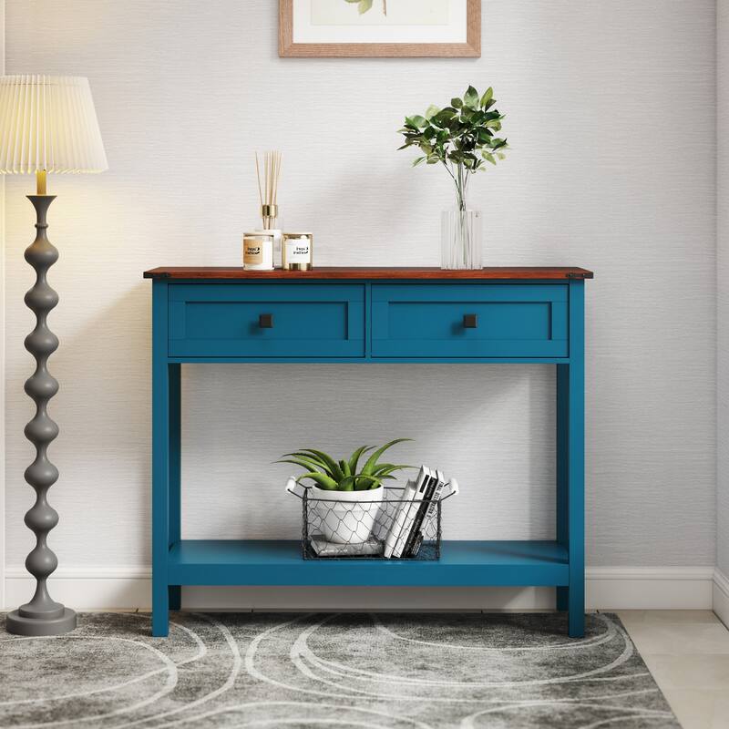 Farmhouse Style Console Table Side Table with 2 Drawer and Bottom Storage Shelf, for Living Room, Hallway