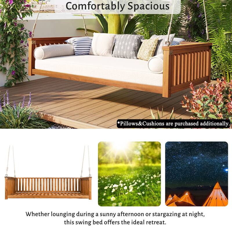 Acacia Wood Twin Size Patio Swing Bed, Outdoor Porch Hanging Bed with Safe Sloped Design and Hemp Ropes for Garden or Backyard