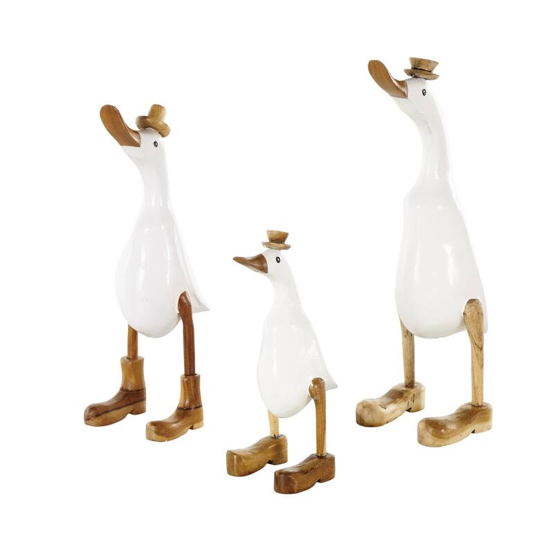 Bamboo Wood Duck Decorative Sculpture with Brown Top Hats and Shoes - Set of 3 White - Roche River Decor