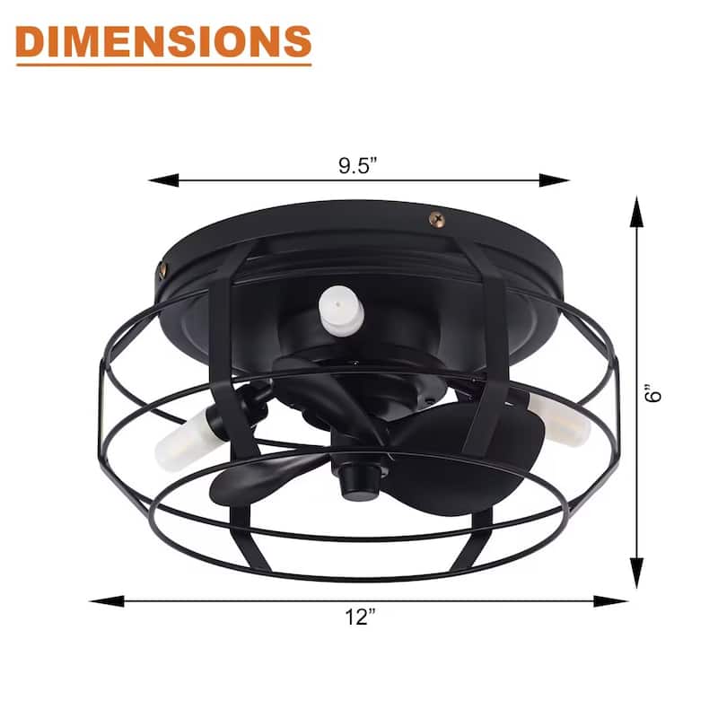 12" Black Industrial Caged Flush Mount Ceiling Fan with Lights and Remote