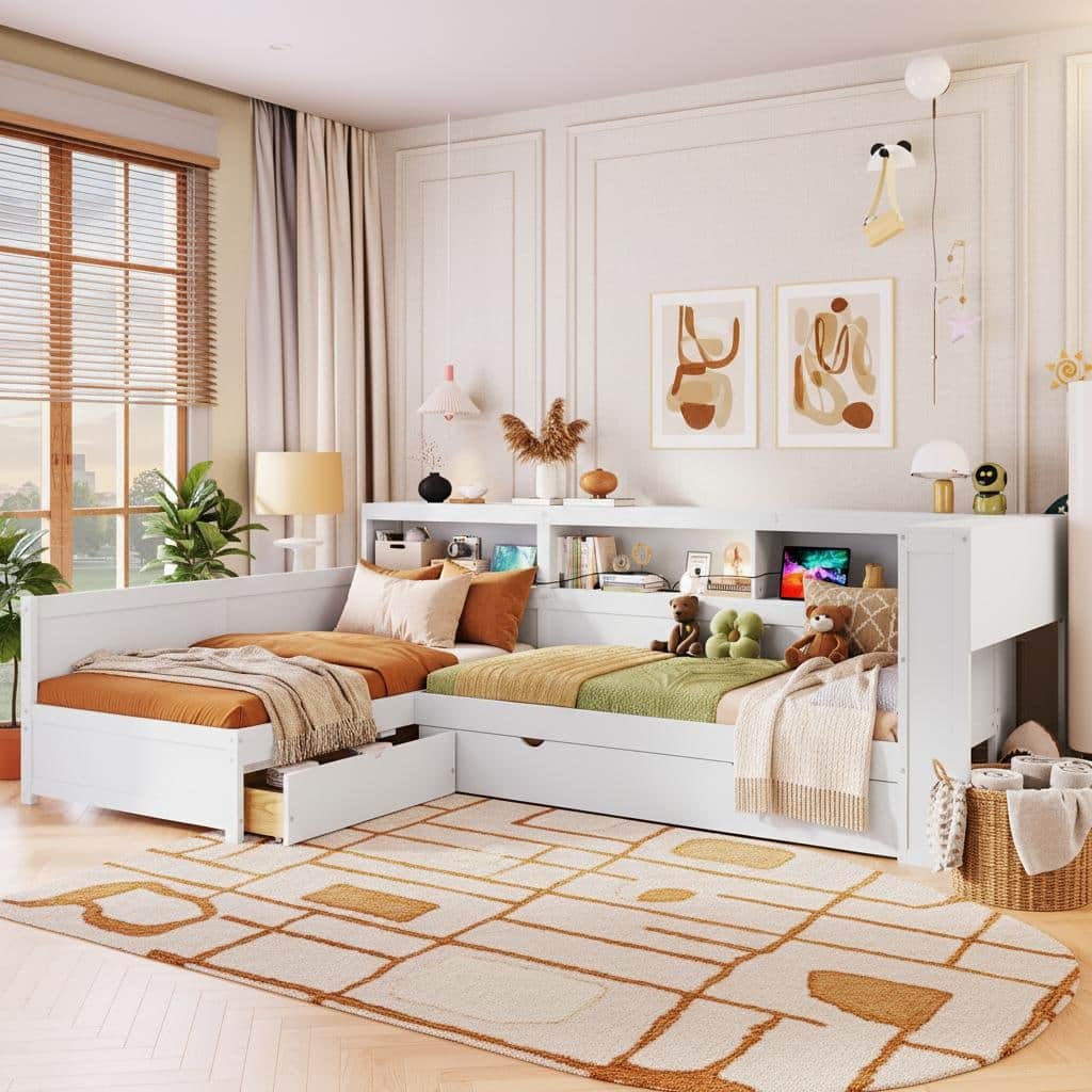 Twin L-Shaped Platform Bed with Trundle, Storage Shelves & Charging Ports by Harper&Bright Designs