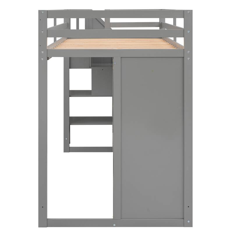 Space-Saving Loft Bed with Shelves, Wardrobes, Drawers, and Storage Ladder, Gray