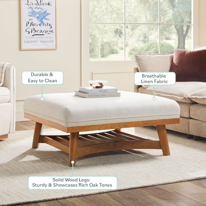 Walker Edison Modern Farmhouse Upholstered Linen Large Ottoman