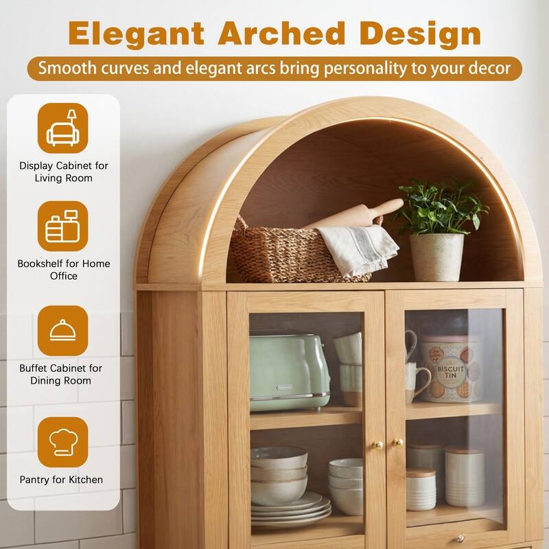 71" Tall Fluted Arched Pantry Cabinet with Glass Doors and Adjustable Shelves for Elegant Kitchen Storage