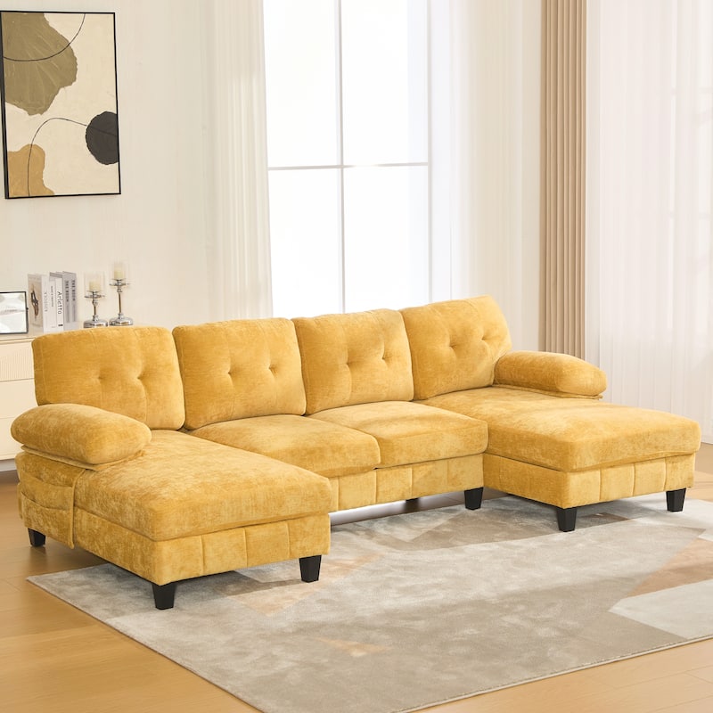 U-shaped 103.5" Chenille Fabric Sofa with Dual Chaise, Storage & Pillows, Yellow