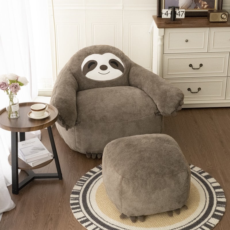 Sloth Bean Bag Chair with Ottoman Comfy Foam Filled Sofa for Kids and Adults