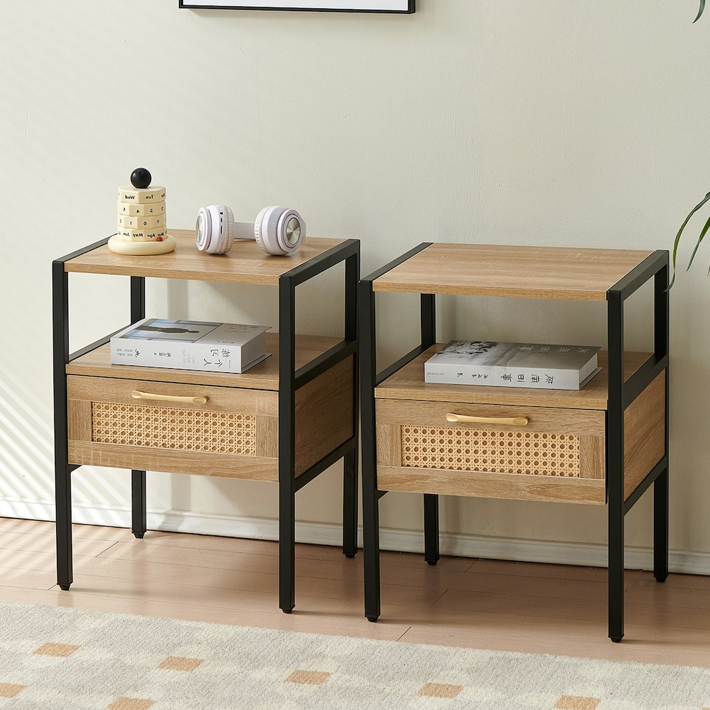 Set Of 2, Rattan Nightstand With Drawer, Metal Legs