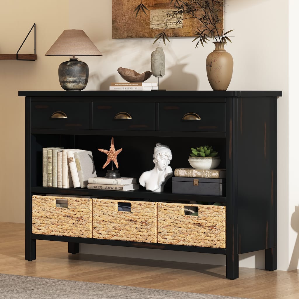 Retro Console Table with 3 Storage Drawers and 3 Woven Baskets