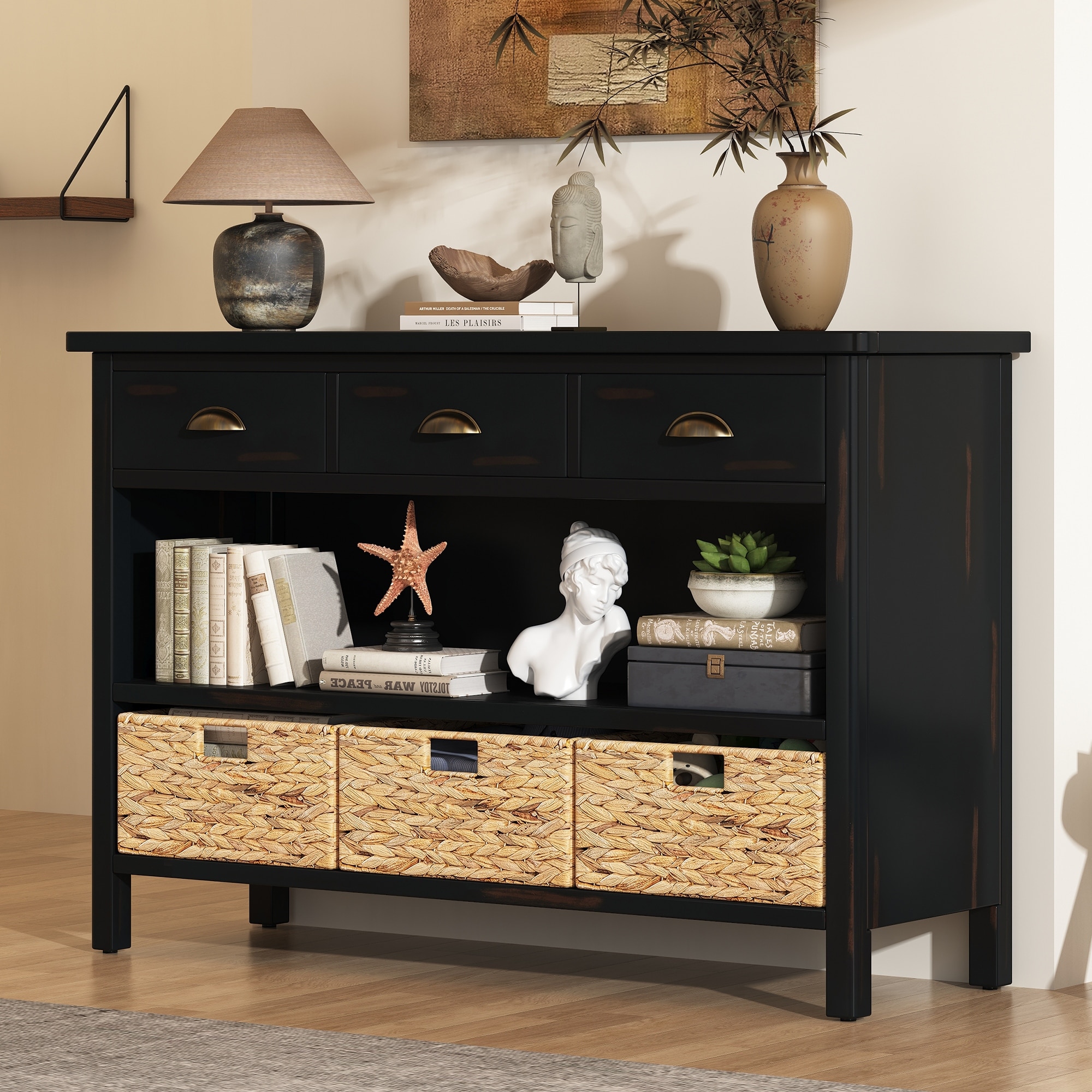 Retro Console Table with 3 Storage Drawers and 3 Woven Baskets