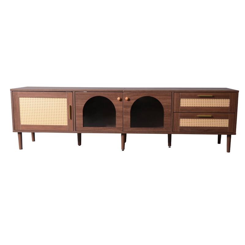 Roomfitters 70 Inch TV Stand for TVs up to 80 Inch, Modern Media Console with App-Controlled LED Lights & Glass Doors, Brown