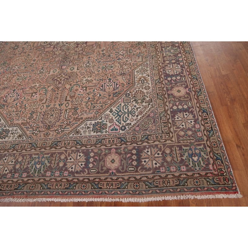 Pink Geometric Tabriz Vintage Persian Rug Hand-Knotted Wool Carpet - 8'0" x 11'2"