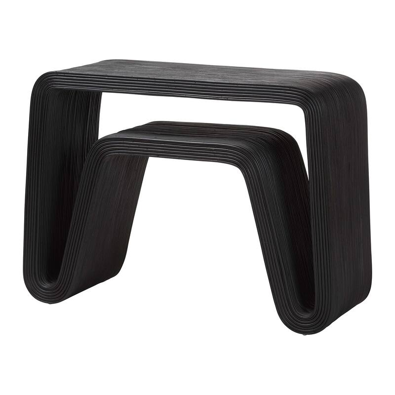 Abebi Black Rattan Console Table - Modern Accent Table with Waterfall Silhouette and Open Hairpin Legs, Boho Coastal Style - Black