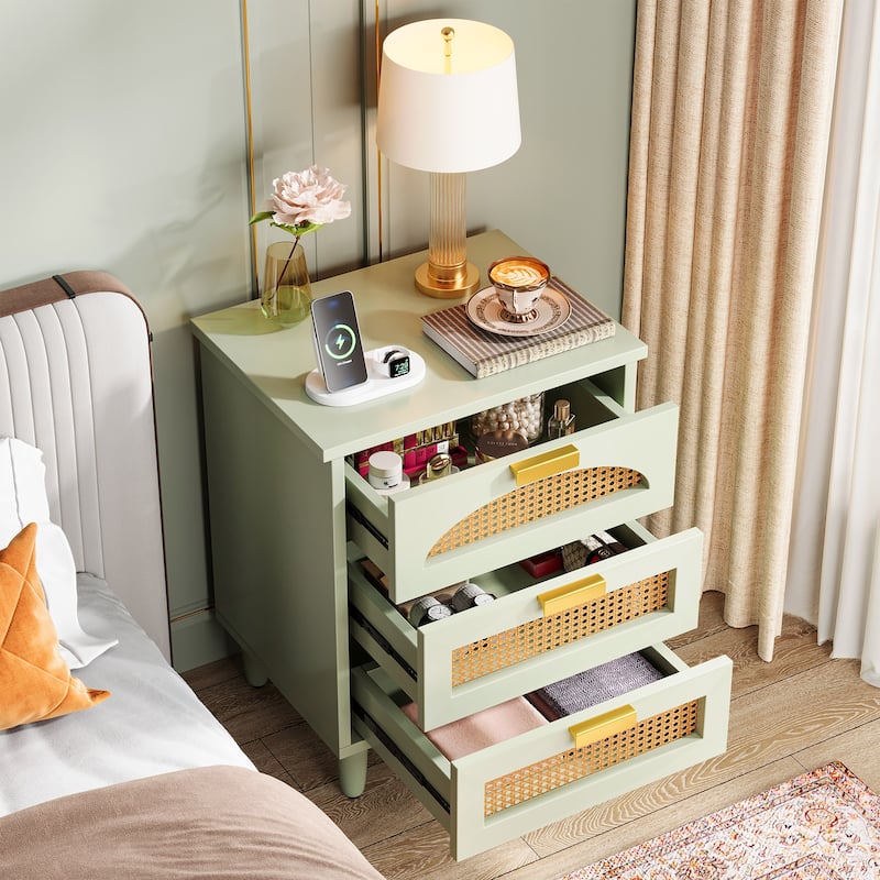 Wood/ Rattan Nightstand Bedside Table with 3-drawer