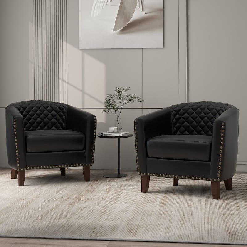 UIXE Mid-Century Leather Barrel Accent Chair With Nailheads Trim - 29" W - BLACK-2 PACK