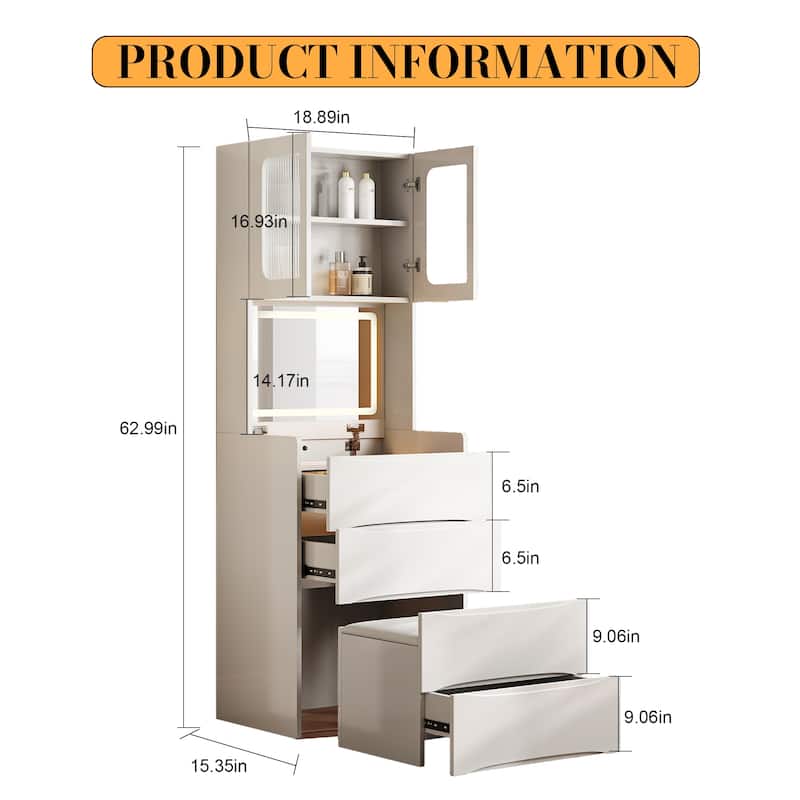 3-in-1 Vanity Table with LED Mirror, Flip-Top Makeup Desk, Storage Stool & Drawers, Adjustable Lighting Organizer