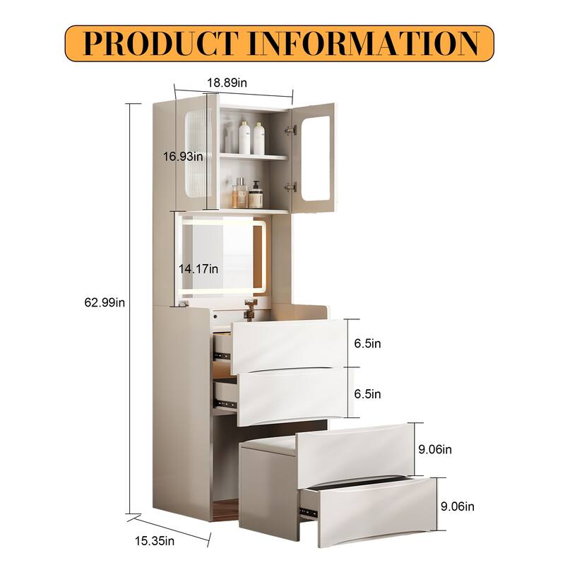 Roomfitters Flip Top Vanity Table with Storage Stool, Makeup Desk Nightstand with Adjustable Lighting, White