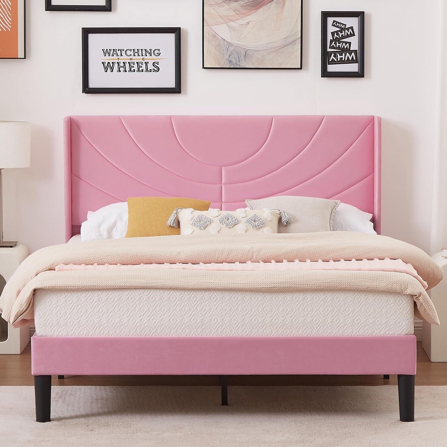VECELO Upholstered Height- Platform Bed Frame with Wingback Headboard, Twin/Full/Queen Size Be