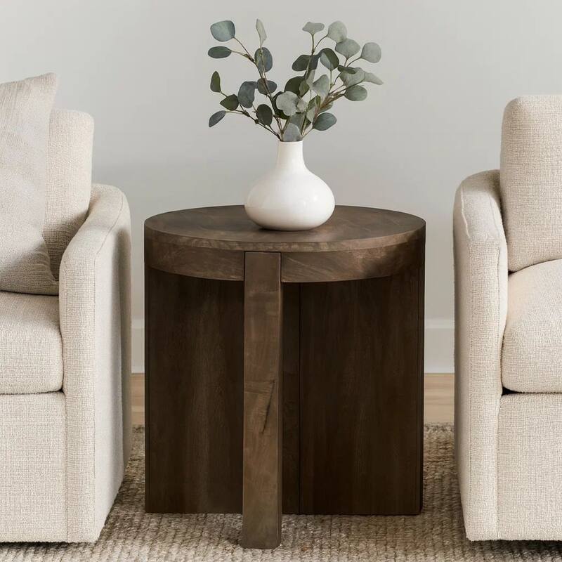Kinaj Side End Table, Dark Brown Solid Mango Wood, Round 20 Inch