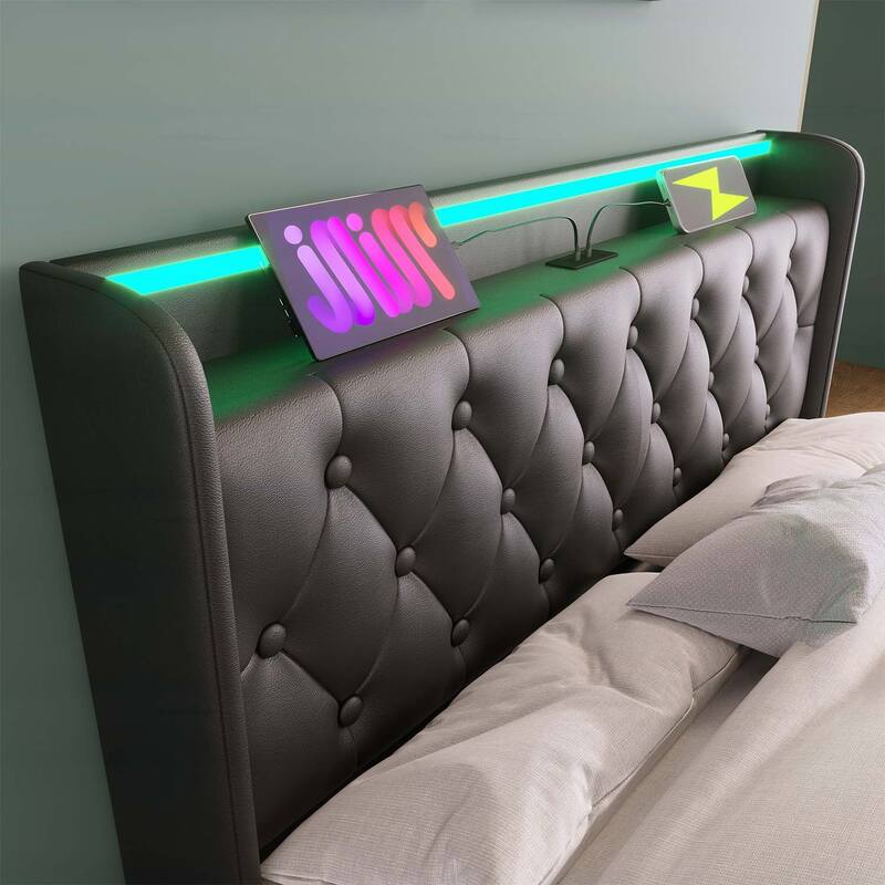 Classic Upholstered Bed with 360 LED Lighting,Hydraulic Storage,and USB Charging