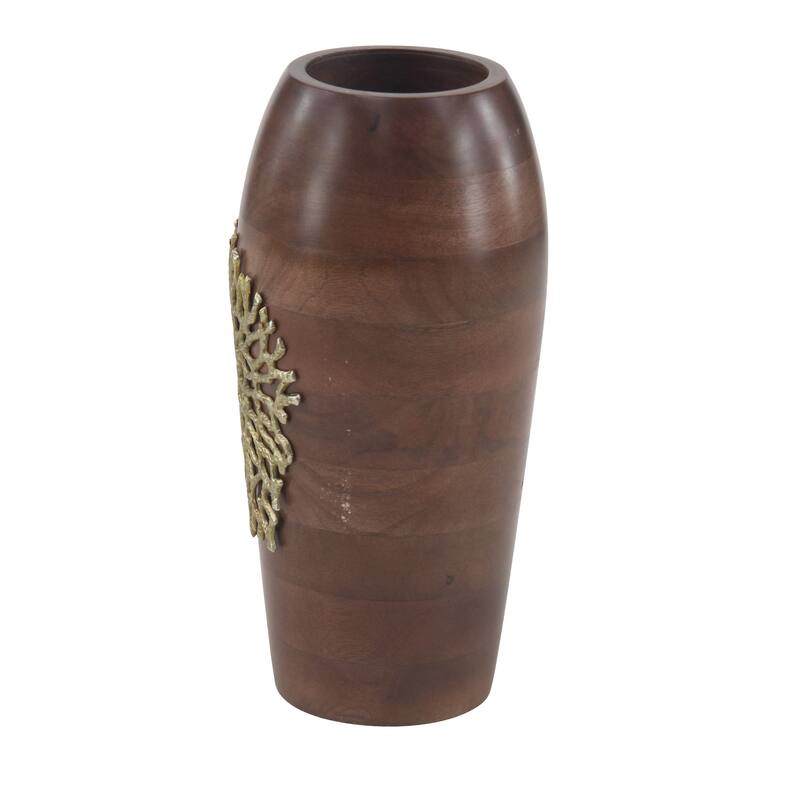 Large Cylinder Natural Wood Vase with Gold Metal Coral Design 7 x 15