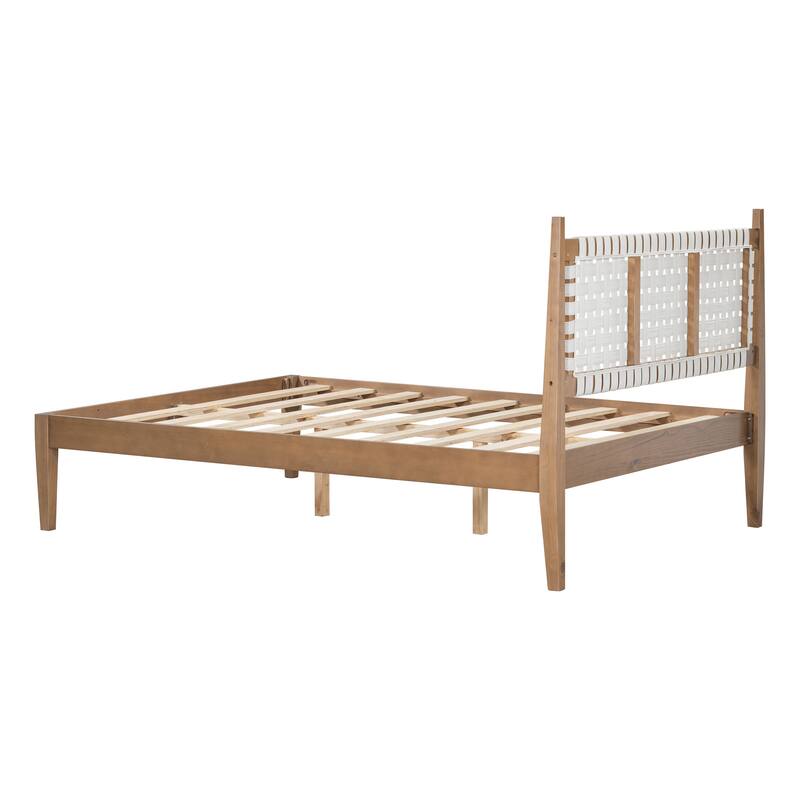 Queen Platform Bed with Woven White Leather Headboard and Natural Wood Frame