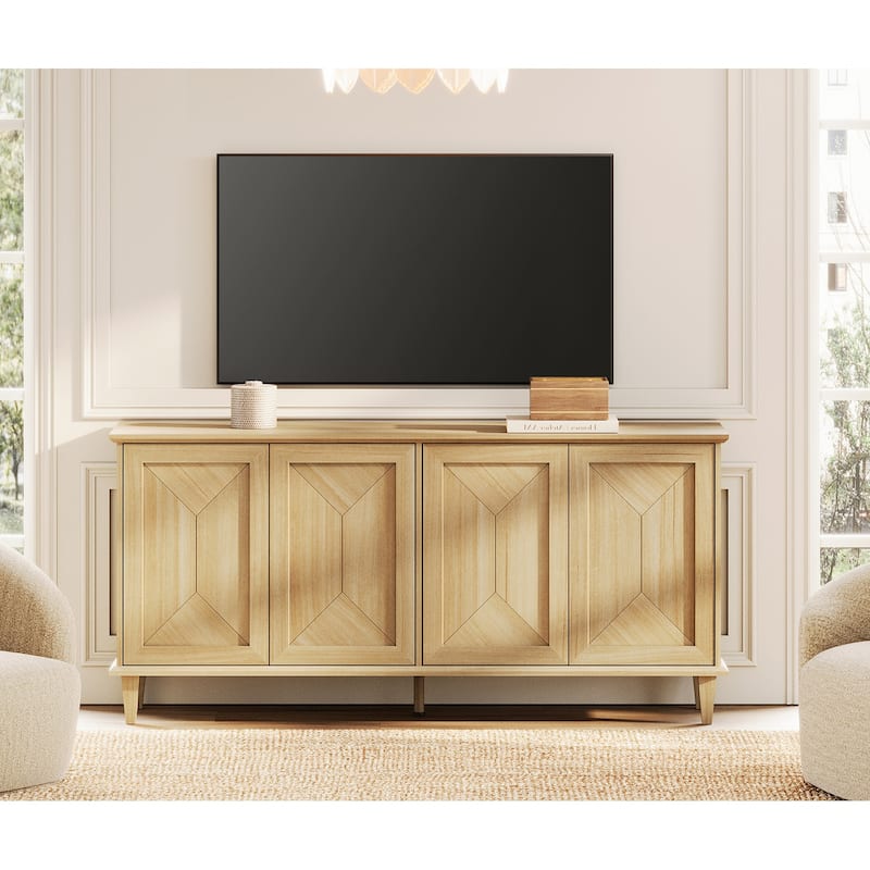 Modern Farmhouse TV Stand with Handcrafted Patchwork Doors for 55-130" TVs - Natural Oak - 65 inches in width