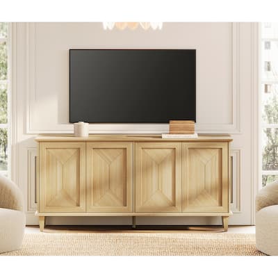 Modern Farmhouse TV Stand with Handcrafted Patchwork Doors for 55-130" TVs