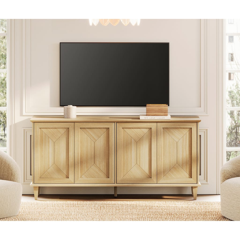 Modern Farmhouse TV Stand with Handcrafted Patchwork Doors for 55-130" TVs