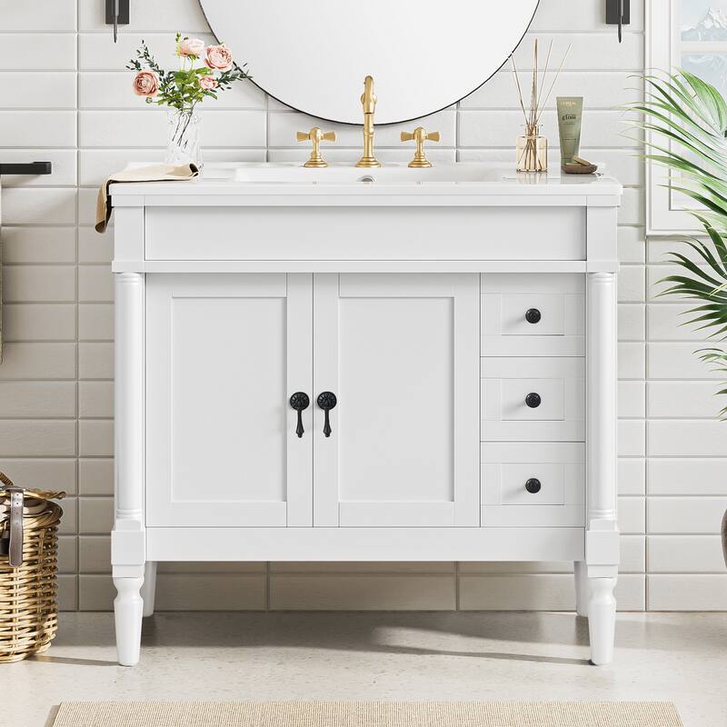 GDFStudio - Hellie 36" Modern Bathroom Vanity with Ceramic Sink - Soft-Close Doors, Drawers & Adjustable Storage - White