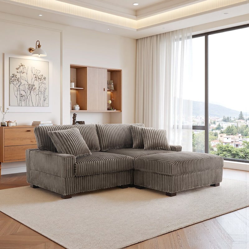 Mia 78" W Plush Corduroy Modular Sectional Sofa With Ottoman - 78" W
