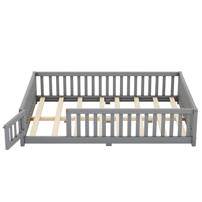 Full Size Pine Wood Floor Bed with Safety Guardrails and Door for Kids