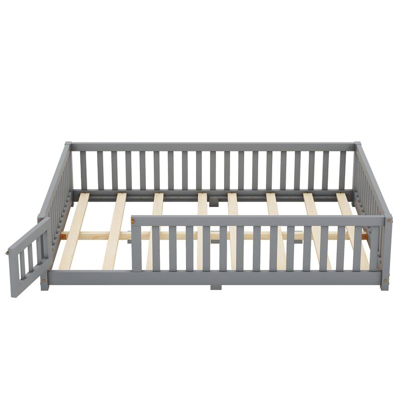Gray Full Size Pine Wood Floor Bed with Safety Guardrails and Door