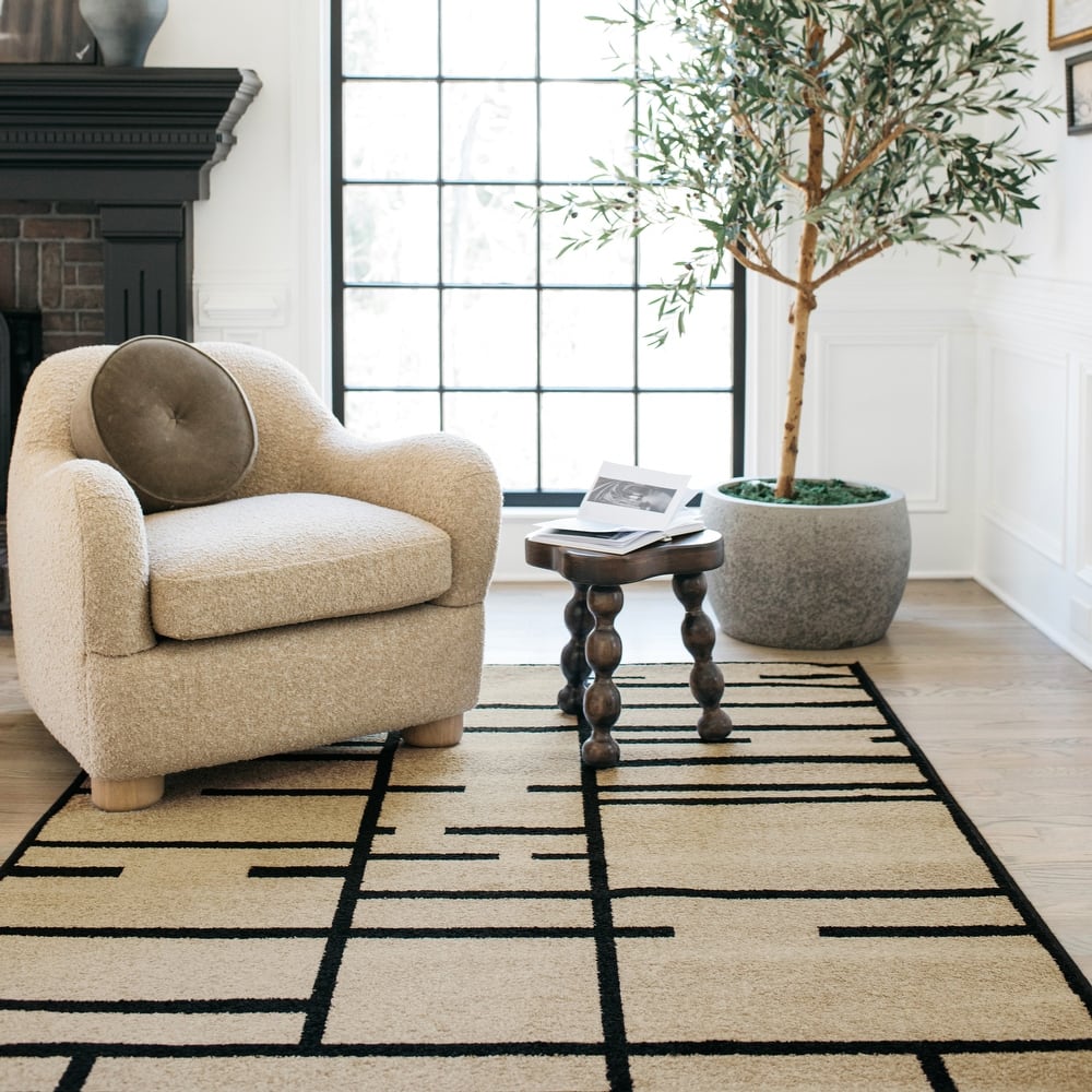 Quinn Geo Blocks and Line Beige/ Black Area Rug